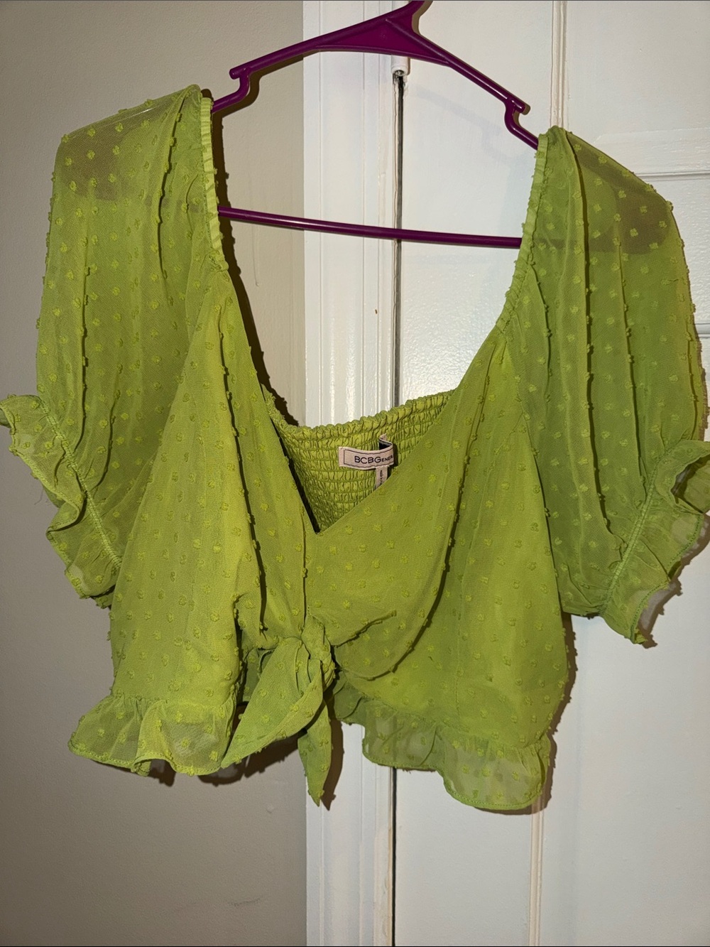 BCBG Lime Green Swiss Dot Tie-Front Crop Top